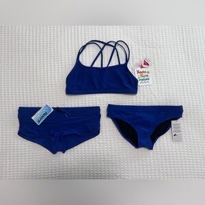 3 piece Blue Bikini Set with Strappy Top and two different bottoms